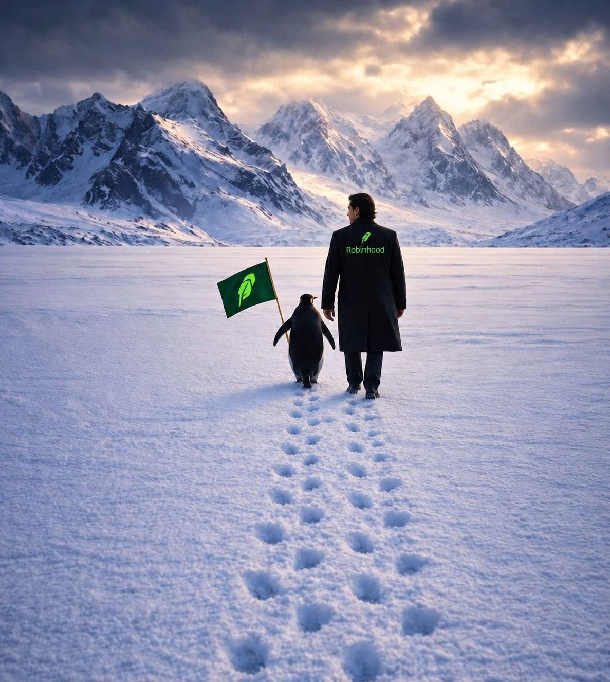 Penguin and BSC figure walking across the snow